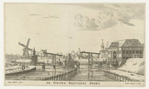 Vista del Tercer Regulierspoort en Amsterdam El nuevo Regular Gate (título sobre el objeto) Puertas de la ciudad de Ámsterdam (título de la serie) Nuevas y deslumbrantes imágenes de las puertas de la ciudad de Ámsterdam sacadas a la luz por R.N. Marinero ( de Reinier Nooms