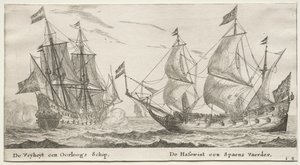 Barcos de Ámsterdam: La Libertad, un buque de guerra. El Sabueso, un barco español. de Reinier Nooms