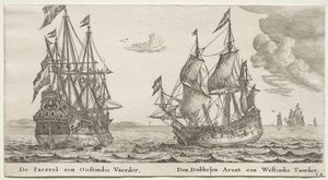 Barcos de Ámsterdam: La Perla y East Indiaman, El Águila Doble, un West Indiaman de Reinier Nooms