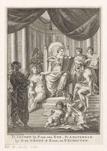 Representación alegórica con Historia, Verdad, Sabiduría Antigua y Prudencia Historia contemporánea de los turcos (título sobre objeto) Página de título para: S.n., Hedendagche historie o La continuación de la Historia general, 1767