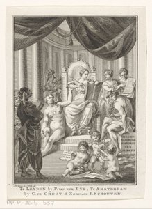 Representación alegórica con Historia, Verdad, Sabiduría Antigua y Prudencia Historia contemporánea de los turcos (título sobre objeto) Página de título para: S.n., Hedendagche historie o La continuación de la Historia general, 1767