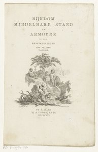 Tres amorcillos con atributos en un paisaje de montaña Página de título para: Adriaan Pietersz. Loosjes, Riqueza de la clase media y pobreza en tres reflexiones, 1816 de Reinier Vinkeles (I)