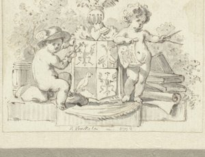 Dos putti, con brújula y aesculap, en el escudo de armas de la familia Schoemaker de Reinier Vinkeles (I)