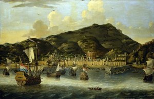 Barcos holandeses frente a la costa de Trípoli (Libia), con las murallas fortificadas del puerto y la ciudad. Óleo de Reinier Nooms (1623-1667).