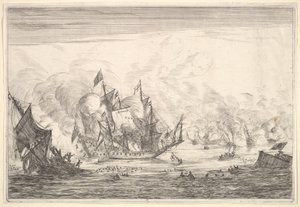 Batalla Naval con un Barco Inglés Naufragando a la Izquierda, de Batallas Navales Nieuwe de Reinier Zeeman