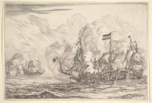 Encuentro naval con tres barcos a la derecha, de Batallas Navales Nieuwe Scheeps Bat de Reinier Zeeman