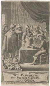 Comerciante en el escritorio Página de título para: J. van der Does e.a., Verscheyde voyagien, ofte reysen, 1652 de Reinier van Persijn