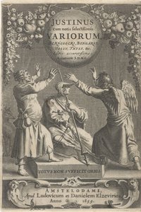 Minerva en twee geketende figuren Titelpagina voor: A. Thysius, Justinus cum notis selectissimis variorum Berneggerj, Bongarsy, Vossy, Thysy, &c, 1659