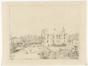 Vista lateral del castillo de Cannenburch con casas en el puente de entrada de Reinierus Albertus Ludovicus baron van Isendoorn à Blois