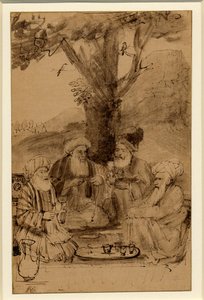 Cuatro mulás sentados bajo un árbol, Rembrandt, c. 1656-61