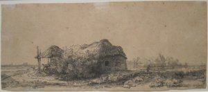 Paisaje con cabaña y Haybam" de Rembrandt, 1641, aguafuerte y punta seca, Museo de Arte de Honolulú.