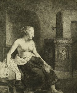 Una mujer sentada medio vestida junto a una estufa, 1658