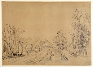 Un camino principal que conduce a una casa a través de árboles (dos puentes y accesos a la dijk) de Rembrandt Harmensz. van Rijn