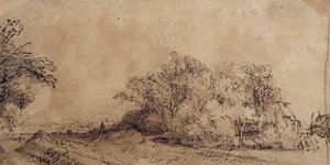 Un camino áspero a lo largo del dique con árboles ocultando una granja