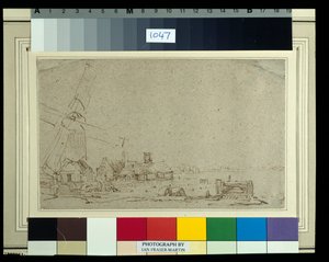 Un molino de viento y un grupo de casas, c.1652-53 de Rembrandt Harmensz. van Rijn