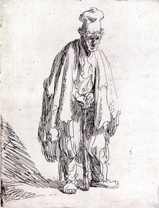 Mendigo con gorro alto de pie de Rembrandt Harmensz. van Rijn