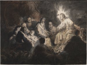 Cristo y sus discípulos en el Huerto de Getsemaní, de Rembrandt van Rhijn (1606-1669). Pluma, pincel, color gris y marrón, acuarela sobre papel, ca 1634. Dimensión : 35,7x47,8 cm. Museo Teylers, Haarlem de Rembrandt Harmensz. van Rijn