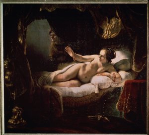 ""Dánae"". Mitología griega: Zeus se presenta a Dánae en forma de lluvia de monedas de oro para seducirla. Pintura de Harmenszoon van Rijn conocida como Rembrandt (1606-1669)