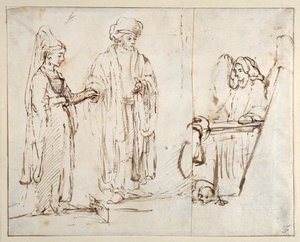 Labán lleva a Lea a Jacob, con Jacob superpuesto por un fragmento de otro dibujo; un ángel con un perro acostado a sus pies de Rembrandt Harmensz. van Rijn
