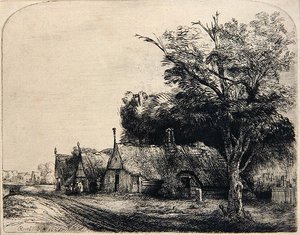 Paisaje con tres cabañas de Rembrandt Harmensz. van Rijn
