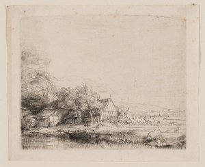 Paisaje con una vaca bebiendo, c.1650 (aguafuerte y punta seca sobre papel verjurado marfil) de Rembrandt Harmensz. van Rijn
