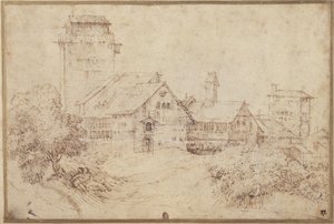 Paisaje con edificios y amantes, abrazándose, después de Tiziano de Rembrandt Harmensz. van Rijn