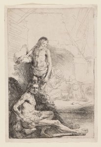 Desnudo masculino sentado y de pie, c.1646 (aguafuerte sobre papel verjurado marfil) de Rembrandt Harmensz. van Rijn