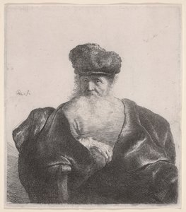 Viejo con barba larga, gorra de piel y capa de terciopelo de Rembrandt van Rijn
