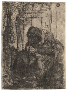 Anciana sentada en una cabaña con una ristra de cebollas en la pared, c. 1629 (aguafuerte)