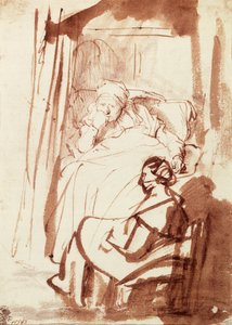 Saskia acostada en la cama, una mujer sentada a sus pies de Rembrandt Harmensz. van Rijn