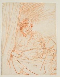 Saskia sentada en la cama, sosteniendo a un niño, 1635 circa de Rembrandt van Rijn
