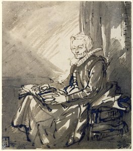 Mujer sentada con un libro abierto en el regazo, c.1639 (pluma, tinta marrón y aguada marrón) de Rembrandt Harmensz. van Rijn