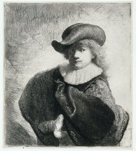 Autorretrato con sombrero suave y capa estampada de Rembrandt Harmensz. van Rijn