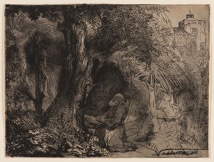 San Francisco rezando bajo un árbol de Rembrandt Harmensz. van Rijn