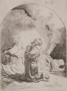 San Jerónimo rezando: Impresión arqueada de Rembrandt van Rijn