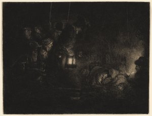 La Adoración de los pastores: Una pieza nocturna, c.1657 (aguafuerte, punta seca y buril en negro sobre papel verjurado de marfil)