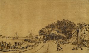 Vista del Amstel: el camino en el Amsteldijk que lleva a Trompenburg, c.1649-50 de Rembrandt Harmensz. van Rijn