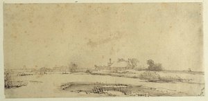 Agua, prados y una granja de Rembrandt Harmensz. van Rijn