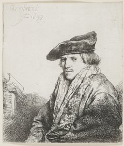 Joven con gorra de terciopelo con libros a su lado de Rembrandt van Rijn