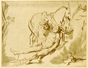 El Buen Samaritano examinando al herido de Rembrandt van Rijn