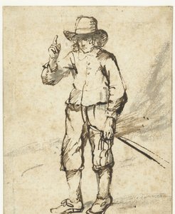 Niño de pie sosteniendo un látigo y levantando su mano derecha de Rembrandt van Rijn (school of)