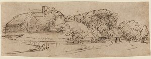 Un paisaje con edificios agrícolas entre árboles de Rembrandt van Rijn