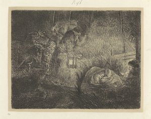 Aanbidding der herders: nachtstuk Colección de ochenta y cinco grabados originales (título de la serie) de Rembrandt van Rijn