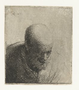 Hombre calvo con la boca abierta, mirando hacia abajo: busto de Rembrandt van Rijn