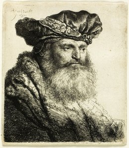 Hombre barbudo con gorra de terciopelo con broche de joya de Rembrandt van Rijn