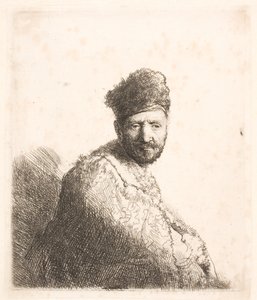 Hombre barbudo (¿el padre de Rembrandt) con gorro oriental forrado de piel y túnica: retrato de medio cuerpo
