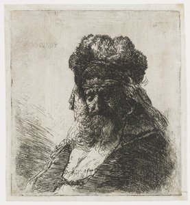 Viejo barbudo con gorro de piel alto, con los ojos cerrados de Rembrandt van Rijn