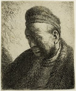Hombre sin barba con abrigo de piel y gorra: busto de Rembrandt van Rijn