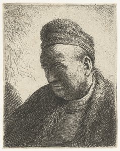 Hombre sin barba con capa de piel y gorra: busto de Rembrandt van Rijn