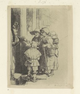 Familia mendiga recibe limosna en la puerta de una casa Recueil de quatre-vingt-cinq estampes originales (título de la serie)